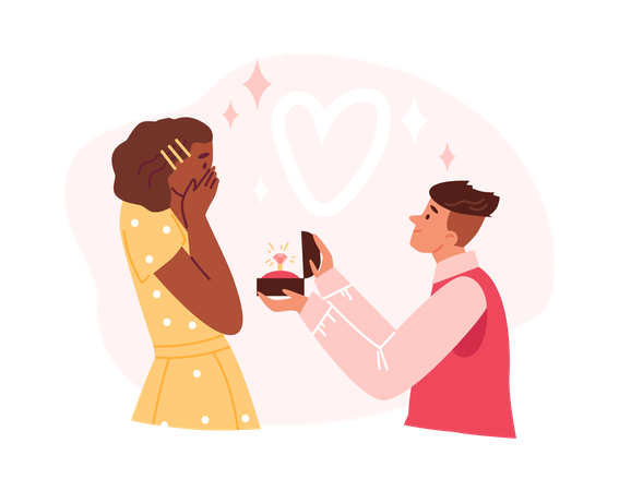 Young man making marriage proposal to surprised girl  Illustration