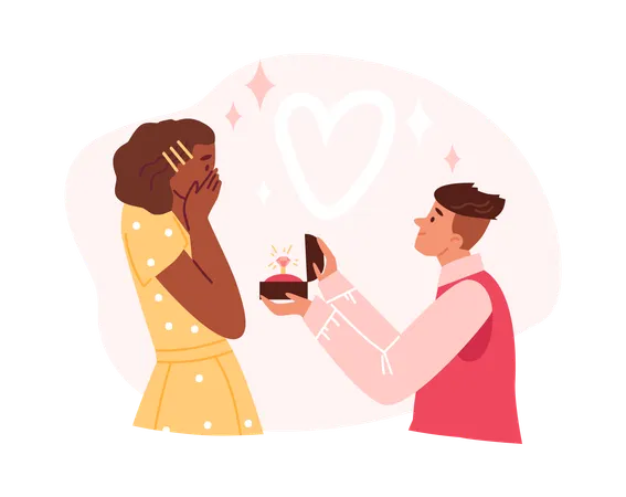 Young man making marriage proposal to surprised girl  Illustration