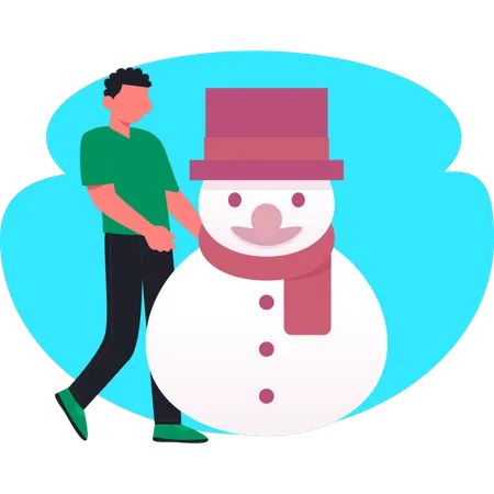 Young man making snowman  Illustration