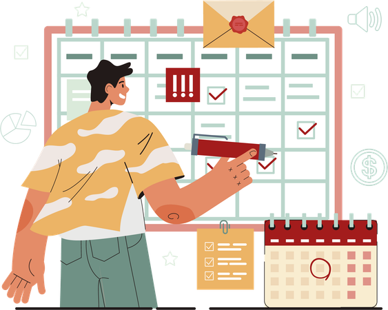 Young man making work schedule  Illustration