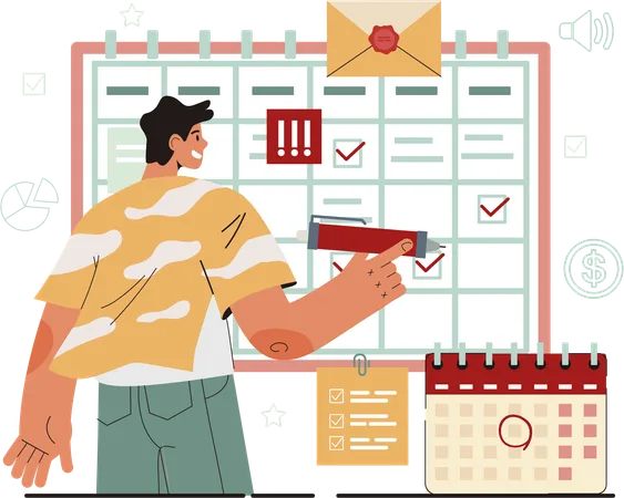 Young man making work schedule  Illustration