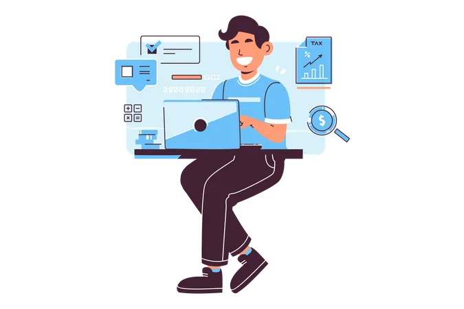 Illustration Of A Cheerful Young Man Managing Finances And Budgeting On His Laptop Surrounded By Graphical Representations Of Tasks Tax And Financial Data Illustration