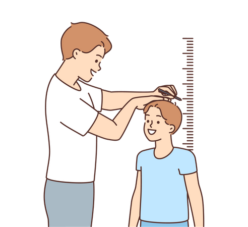 Young man measuring child hight  Illustration