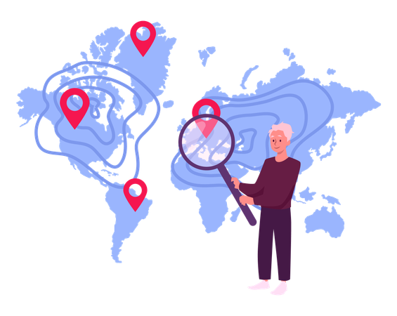 Young man meteorologist holding magnifying glass huge map with tags  Illustration