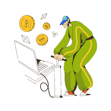 Young man mines cryptocurrencies on computer  Illustration