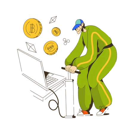 Young man mines cryptocurrencies on computer  Illustration