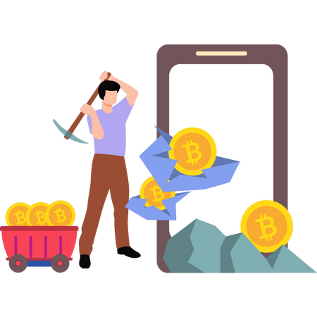 Young man mining bitcoins  Illustration