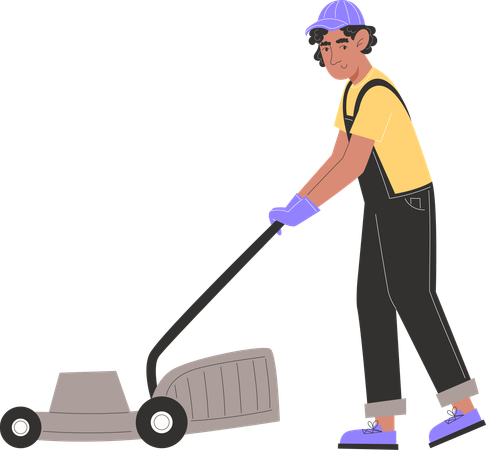 Young man mows lawn with a lawnmower  Illustration