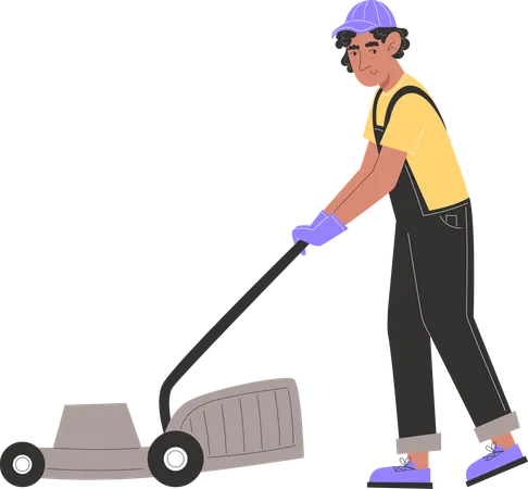 Young man mows lawn with a lawnmower  Illustration