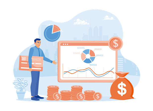 Young man observes his financial graphic data and movement of income and expenses  Illustration