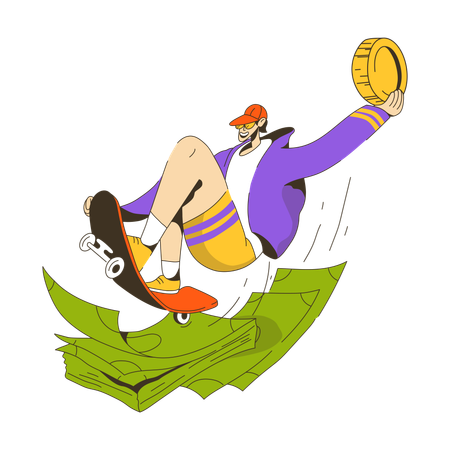 Young man on skateboard rides over money with coin  Illustration