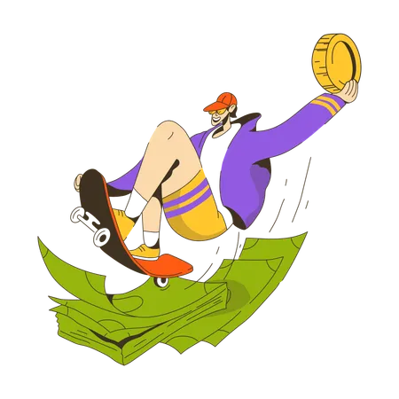 Young man on skateboard rides over money with coin  Illustration