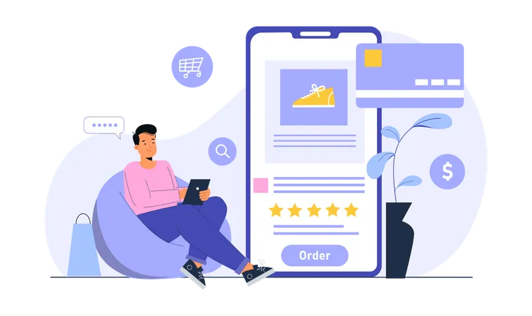 Young man online ordering shoes using mobile  Illustration