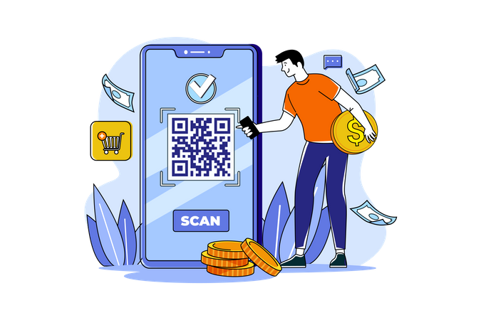 Young Man Pay Shopping Bill Using Qr Code Scan Illustration