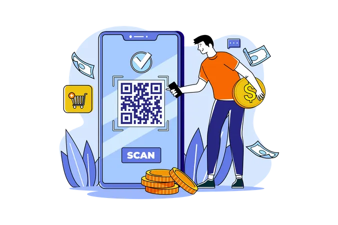 Young Man Pay Shopping Bill Using Qr Code Scan Illustration