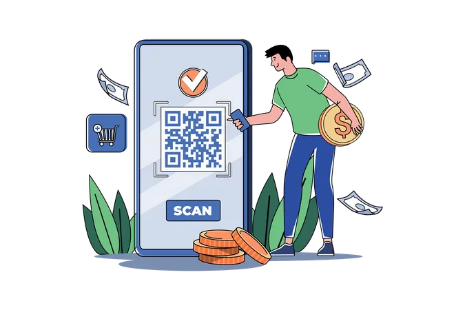 Young Man Pay Shopping Bill Using Qr Code Scan  Illustration