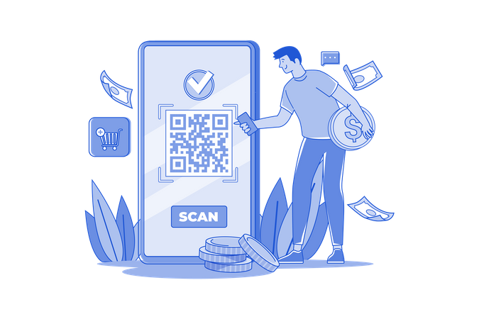 Young Man Pay Shopping Bill Using Qr Code Scan  Illustration