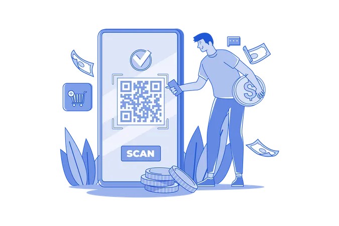 Young Man Pay Shopping Bill Using Qr Code Scan  Illustration