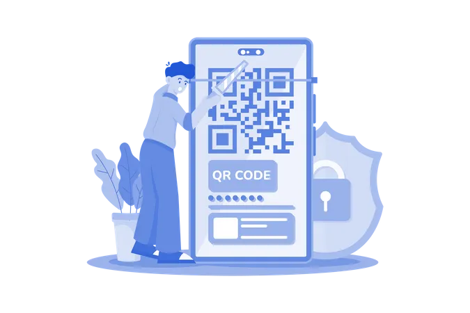 Young Man Pay Shopping Bill Using Qr Code Scan  Illustration