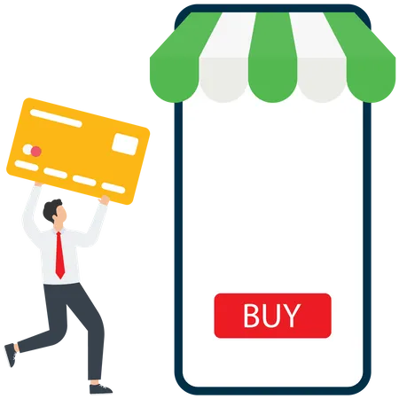 Paying With A Credit Card In Online Stores Buying A Product On An E Commerce Website A Man Buys Goods On The Internet With A Credit Card Makes Payment Using Online Banking And Mobile Phone Vector Illustration