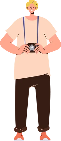 Young man photographer holding camera in hand Illustration