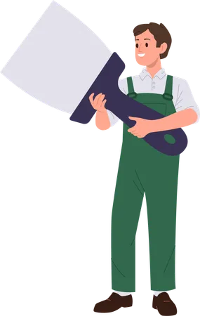 Young Man Plasterer Cartoon Character With Construction Work Tool Isolated On White Background Bricklayer Or Painter Wearing Uniform Holding Spatula Trowel For Plasterwork Vector Illustration 일러스트레이션