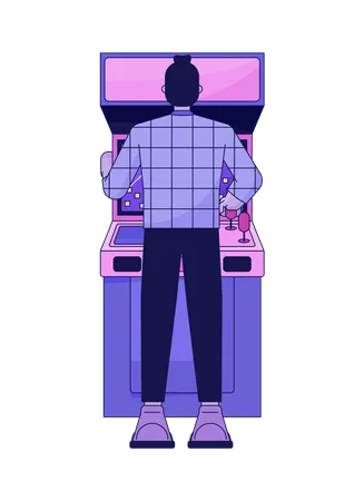 Young Man Playing Arcade Flat Line Color Vector Character Leisure Hobbie Editable Outline Full Body Person On White Simple Cartoon Spot Illustration For Web Graphic Design イラスト