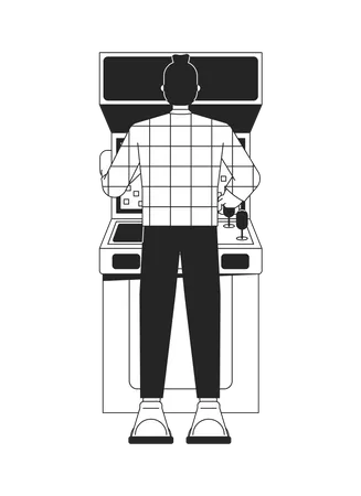 Young Man Playing Arcade Flat Line Black White Vector Character Leisure Hobbie Editable Outline Full Body Person Simple Cartoon Isolated Spot Illustration For Web Graphic Design Illustration