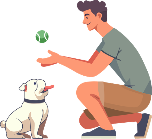 Young man  playing ball with  bulldog  Illustration