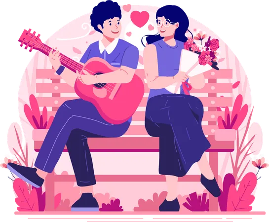 A Young Man In Love Sitting On A Park Bench Is Playing Guitar For His Girlfriend Happy Romantic Couple In Relationship Celebrate Valentines Day Illustration