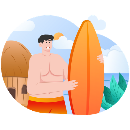 Young man Playing Surfing On Summer Vacation  Illustration