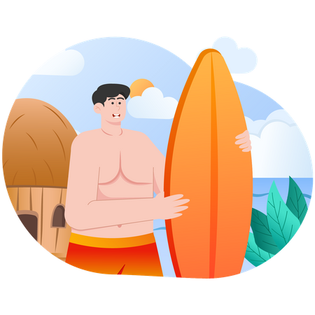 Young man Playing Surfing On Summer Vacation  Illustration