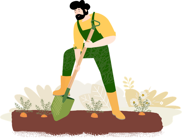 Young man ploughing the field  Illustration