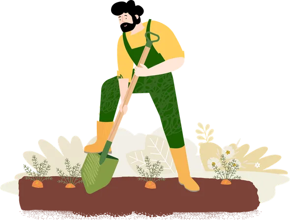 Young man ploughing the field  Illustration
