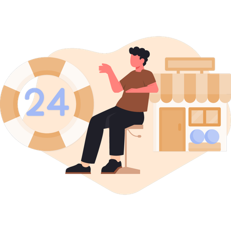Young man pointing 24 hours customer service  Illustration