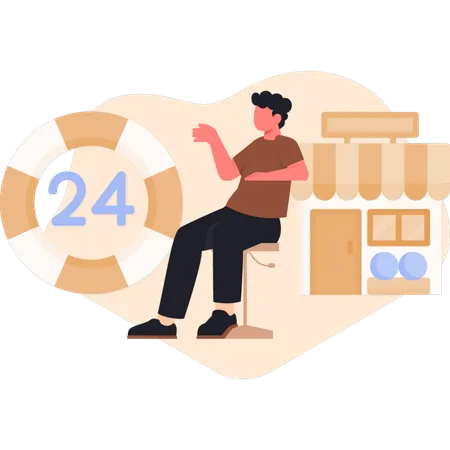 Young man pointing 24 hours customer service  Illustration