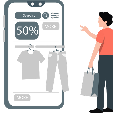 Young man pointing 50 percentage discount shopping  Illustration