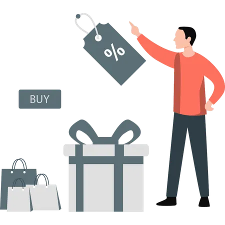 Young man pointing at discount tag  Illustration