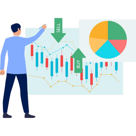 Young man pointing at pie chart  Illustration