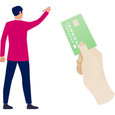 Young man pointing atm card in hand  Illustration