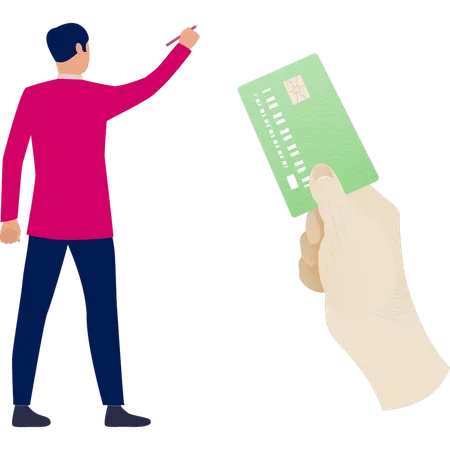 Young man pointing atm card in hand  Illustration