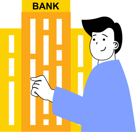 Young man pointing bank  Illustration