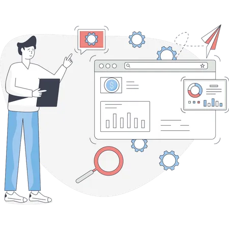 사업 차트를 가리키는 청년  일러스트레이션