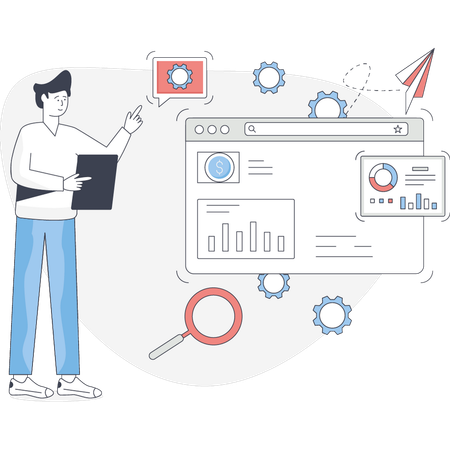 Young man pointing business chart  Illustration