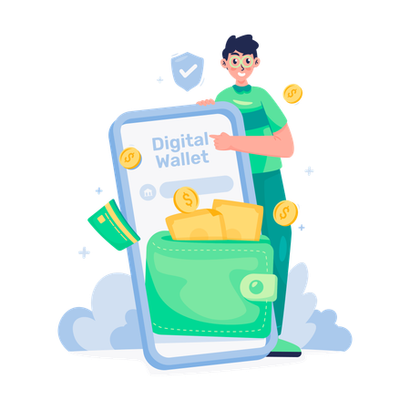 Young man pointing Digital wallet application  Illustration