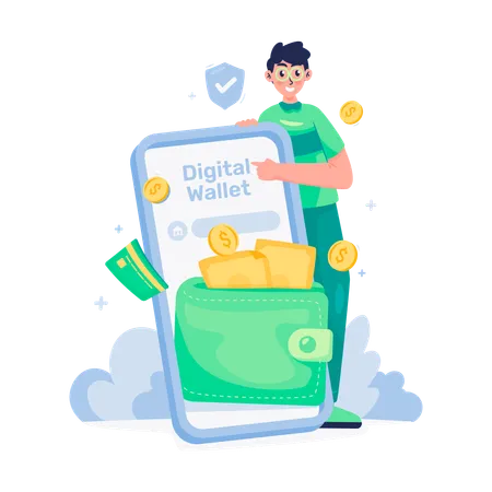 Young man pointing Digital wallet application  Illustration