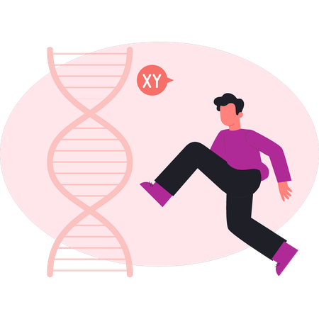 Young man pointing DNA research in biotech  Illustration