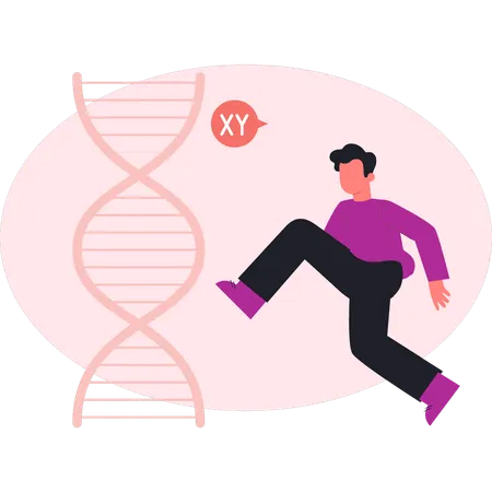 Young man pointing DNA research in biotech  Illustration