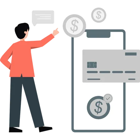 Young man pointing dollar payment online  Illustration