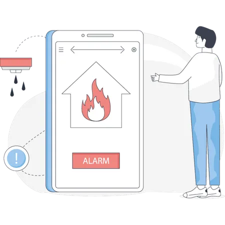 화재 경보 시스템을 가리키는 청년  일러스트레이션